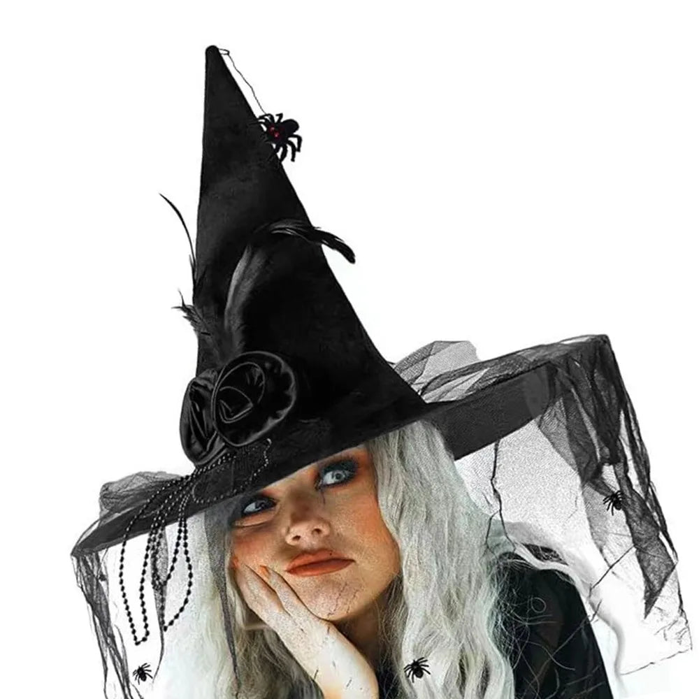 Halloween Witch Hat with Veil, Flowers & Feathers | Felt Wizard Hat Costume Witch Hat Nixie