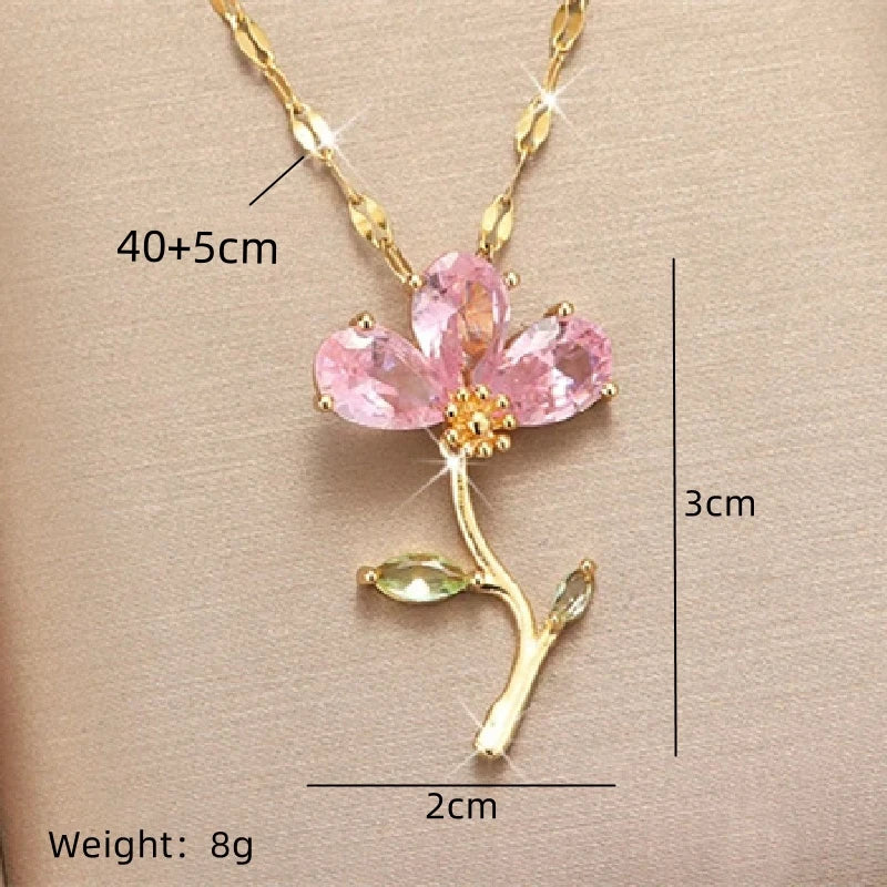 Pink Zircon Leaf Flower Choker Pendant Necklace | Nixie Pendant Necklace Nixie