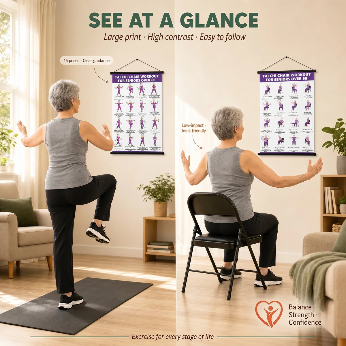 Tai Chi Chair & Walking Workout Poster for Seniors Fitness Wall Poster Nixie