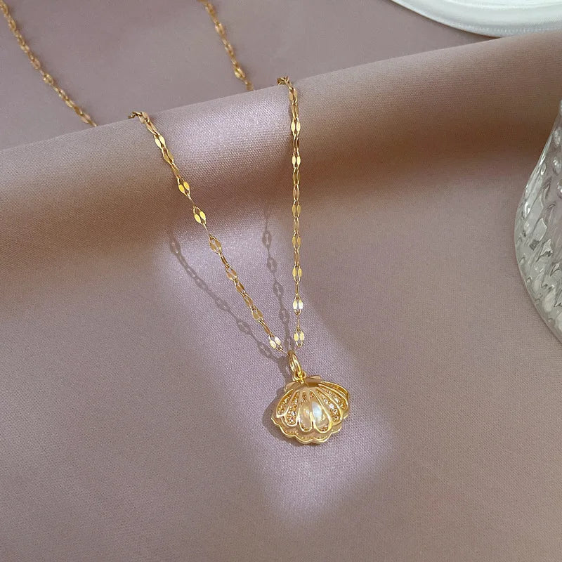 Zircon Shell Pearl Clavicle Necklace – Gold Stainless Steel Pendant Necklace Nixie