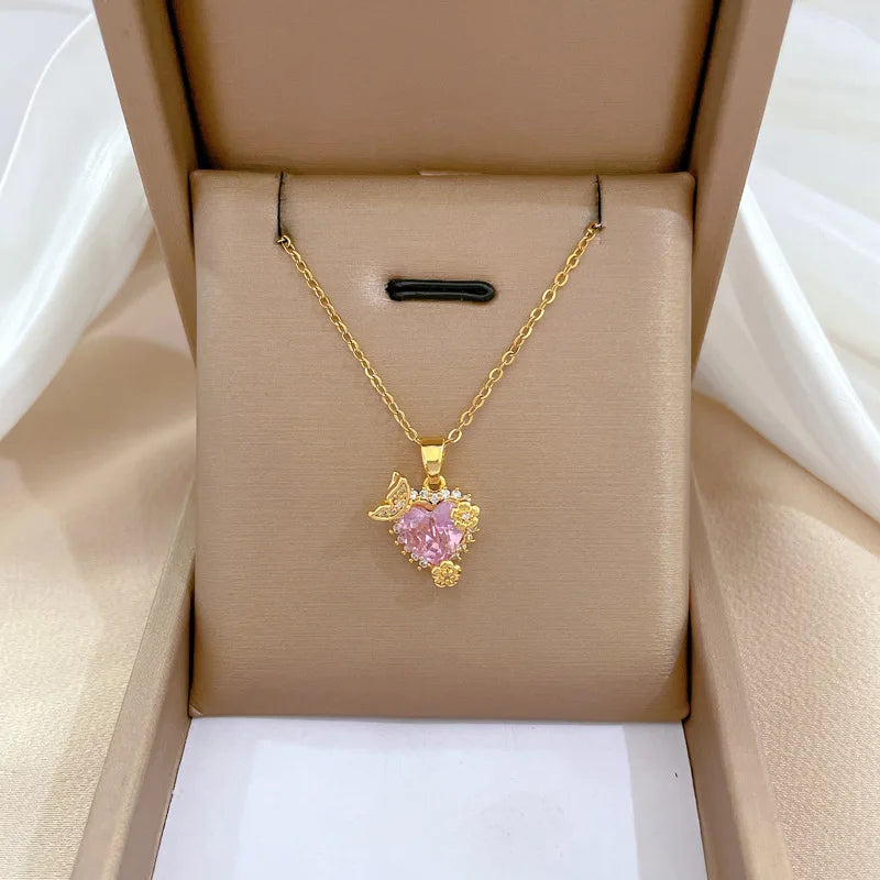 Chinese Micro-Set Heart Flower Copper Pendant Necklace | Nixie Pendant Necklace Nixie