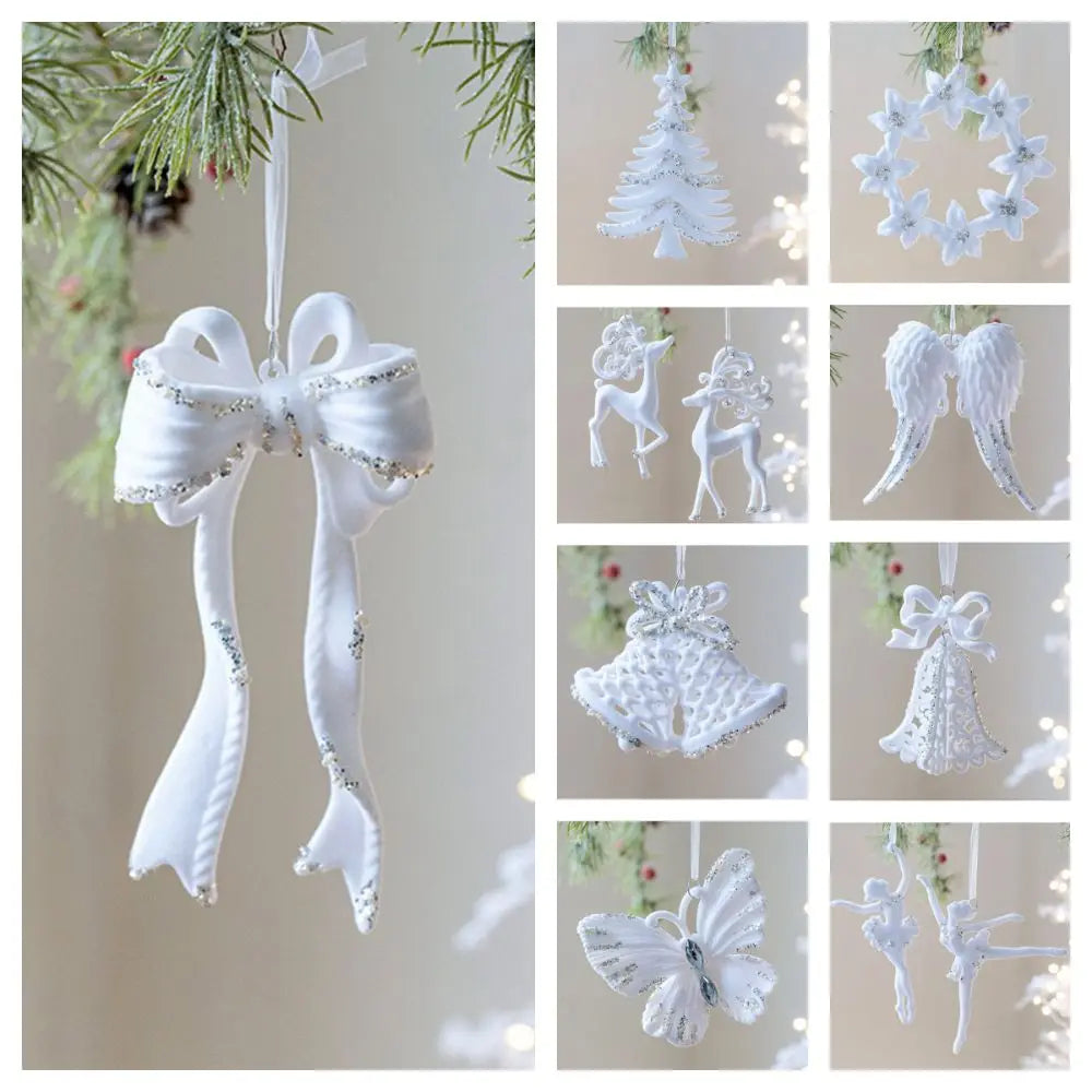 White Christmas Ornaments – Flocking Deer, Wreath & Snowflake Christmas Tree Ornament Nixie