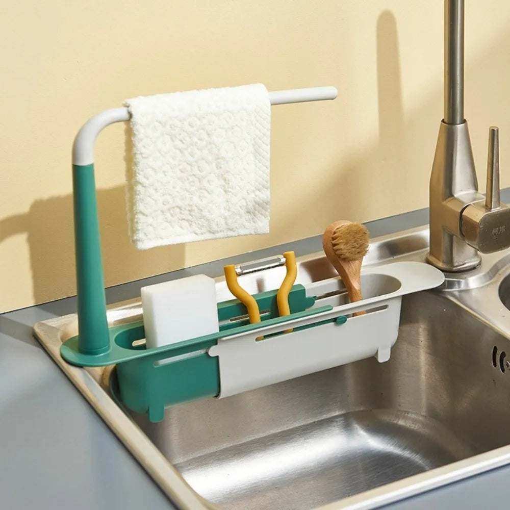 Expandable Kitchen Sink Organizer with Drainer Basket & Towel Rack Sink Shelf Organizer Nixie