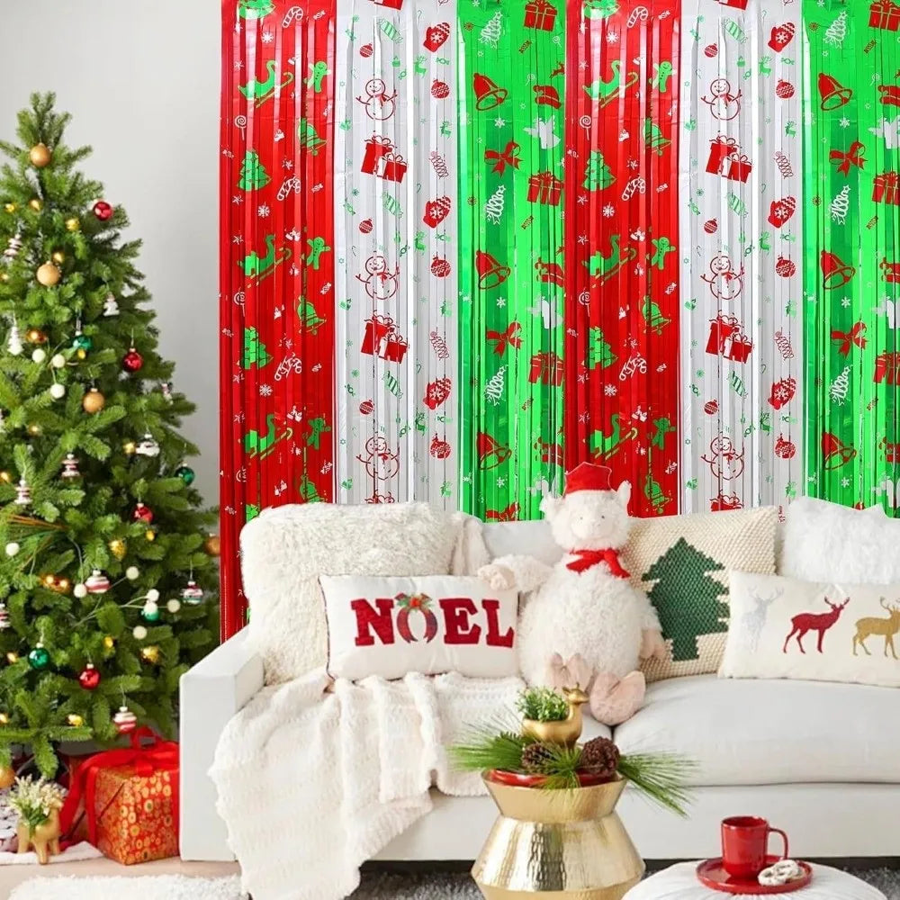 Christmas Foil Fringe Curtains | Tinsel Photo Booth Backdrop 2pc Holiday Party Decor Nixie