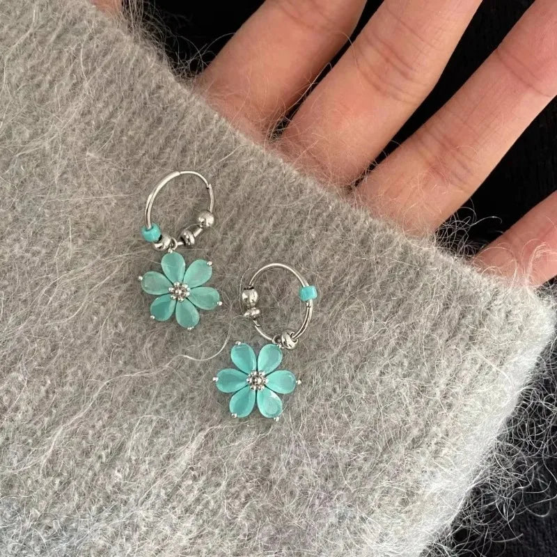Green Flower Hoop Earrings | Cat Eye Stone Korean Style Fashion Hoop Earrings Nixie