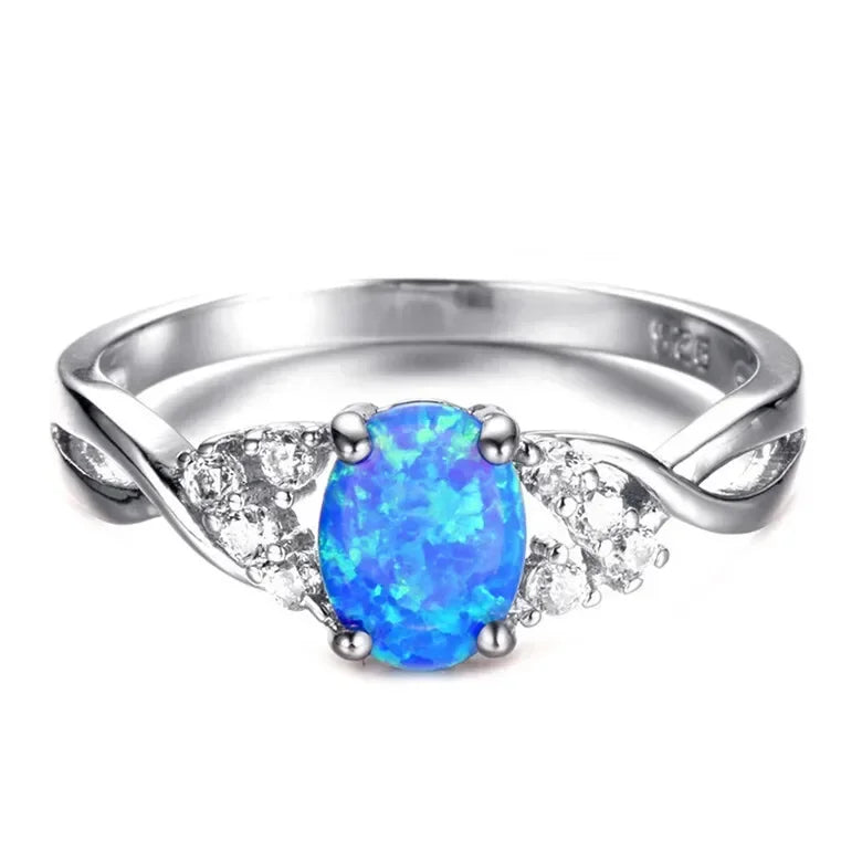 Women Silver Oval Blue Simulated Opal CZ Ring Sizes 6–10 Fashion Ring Nixie