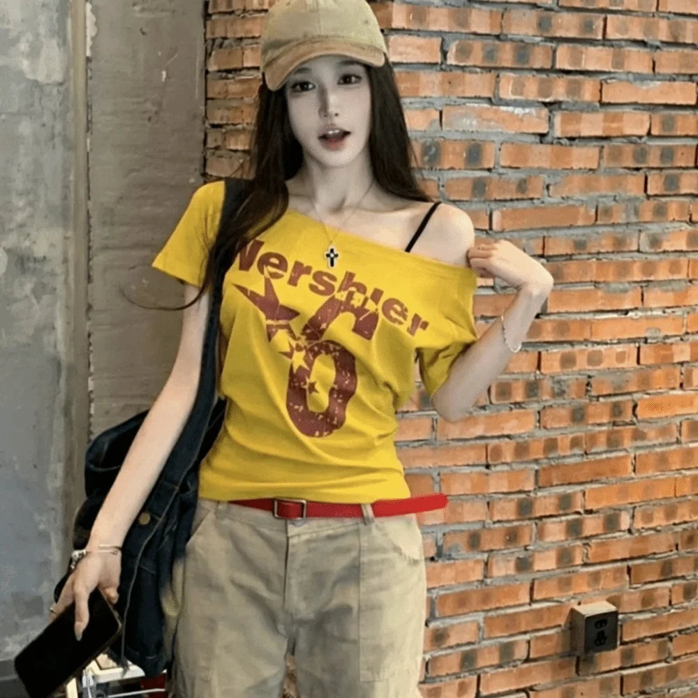 Y2K Off Shoulder Crop Top | Letter Print Skew Collar Tee
