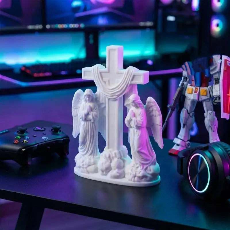 3D Printed White Cross Figurine with Praying Angels – Home Décor Religious Figurine Nixie