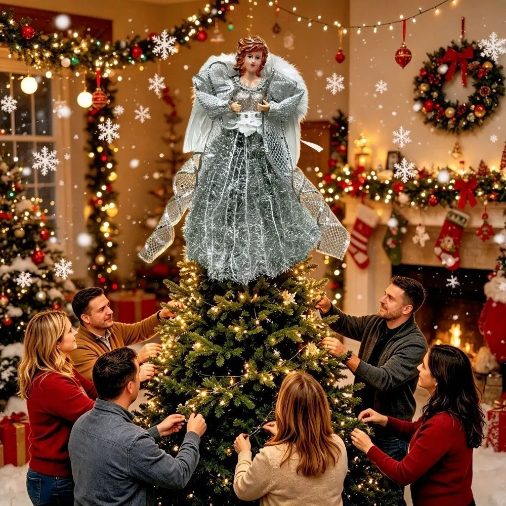 30cm Angel Christmas Tree Topper with Wings | White Gold Silver