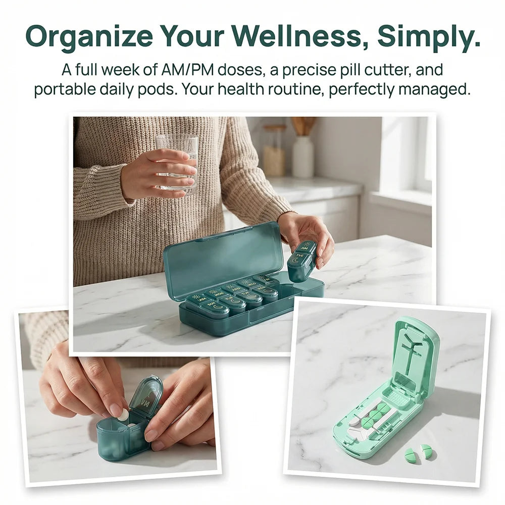 7-Day AM/PM Pill Organizer & 1/2 1/3 1/4 Tablet Cutter Set Pill Organizer Set Nixie