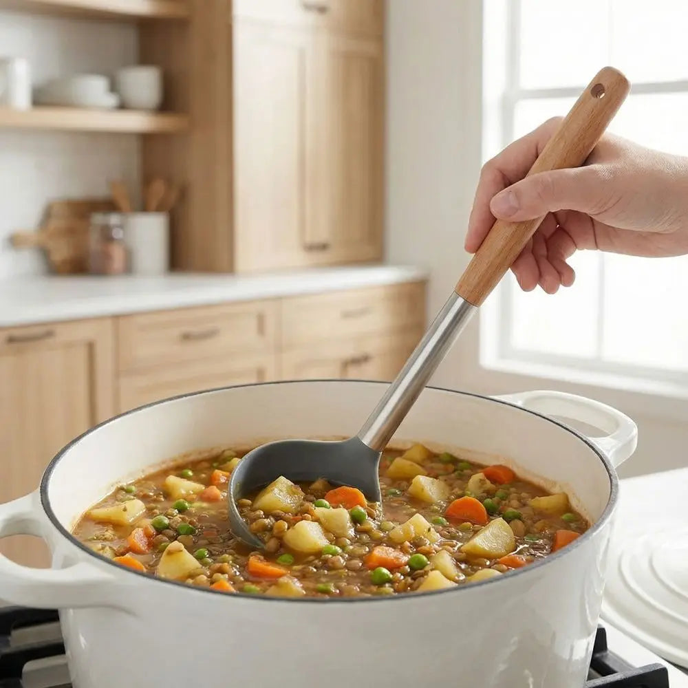 Silicone Soup Ladle with Wooden Handle – Nonstick Kitchen Tool Silicone Kitchen Ladle Nixie