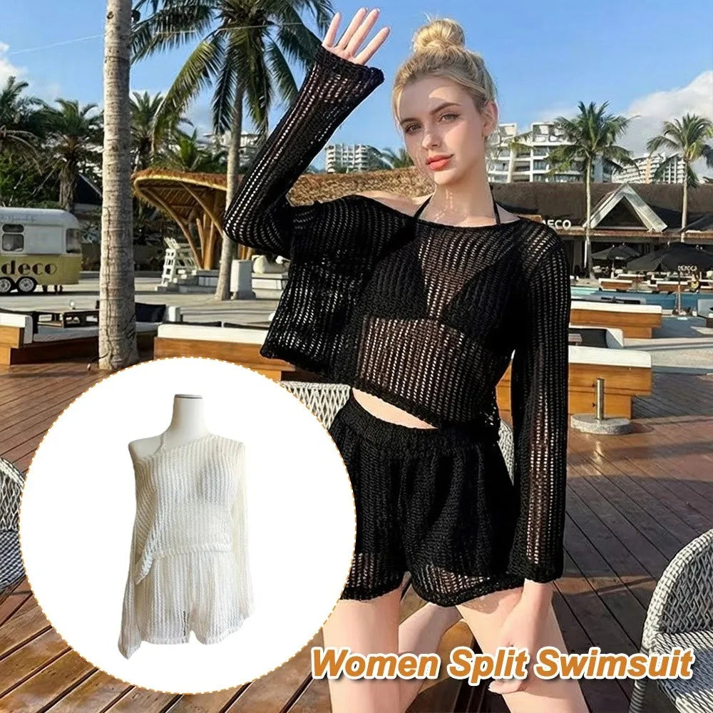 Women's 3-Piece Hollow Out Bikini Set – Loose Fit Beach Cover