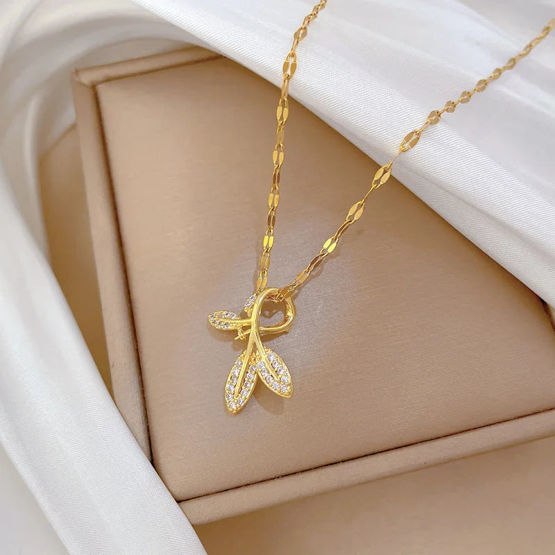 Diamond Leaf Pendant Necklace – Gold Stainless Steel Women Pendant Necklace Nixie