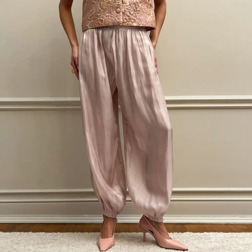 Women's Satin High Waist Wide Leg Ankle Pants | Elegant Fit