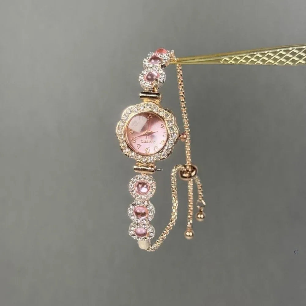 Rhinestone Women's Quartz Bracelet Watch – Pink Floral Heart Women's Bracelet Watch Nixie Style D