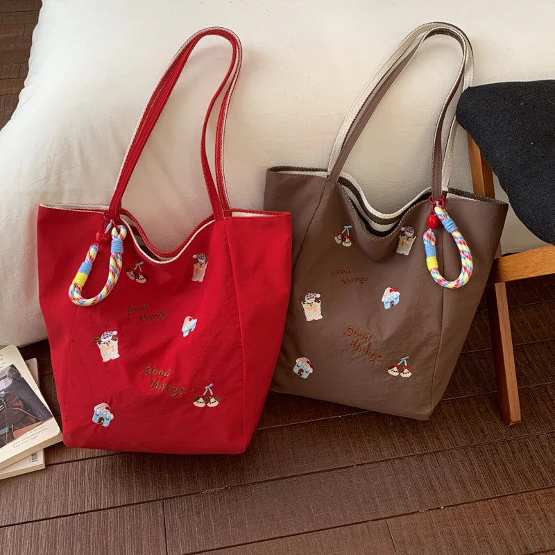 Cartoon Embroidery Tote Bag – Large Canvas Shoulder Bag Embroidery Tote Bag Nixie