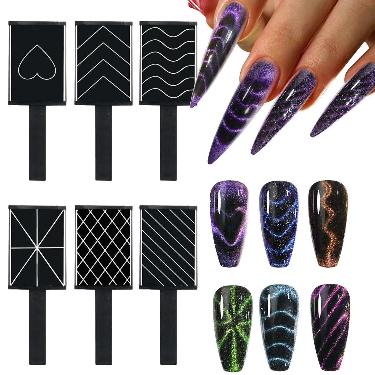 6Pcs Cat Eye Nail Magnet Set – 3D Holographic Sheets | Nixie Nail Art Magnet Set Nixie