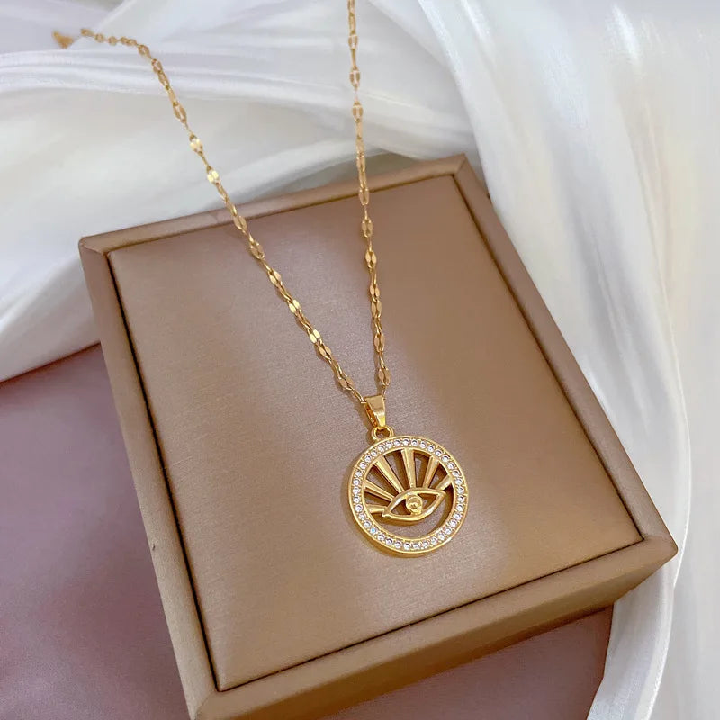 Evil Eye Circle Pendant Necklace – Gold Stainless Steel & Zircon Pendant Necklace Nixie