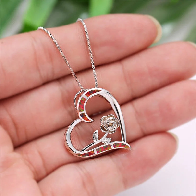 Women's Simulated Opal Rose Heart Pendant Necklace Pendant Necklace Nixie