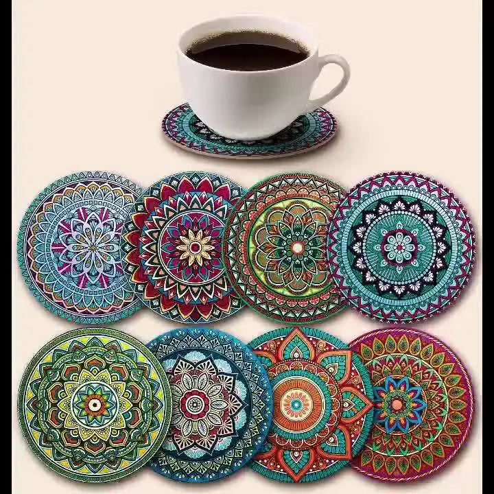 8-Piece Wooden Mandala Coasters Set – Home, Bar & Office Decorative Coasters Set Nixie
