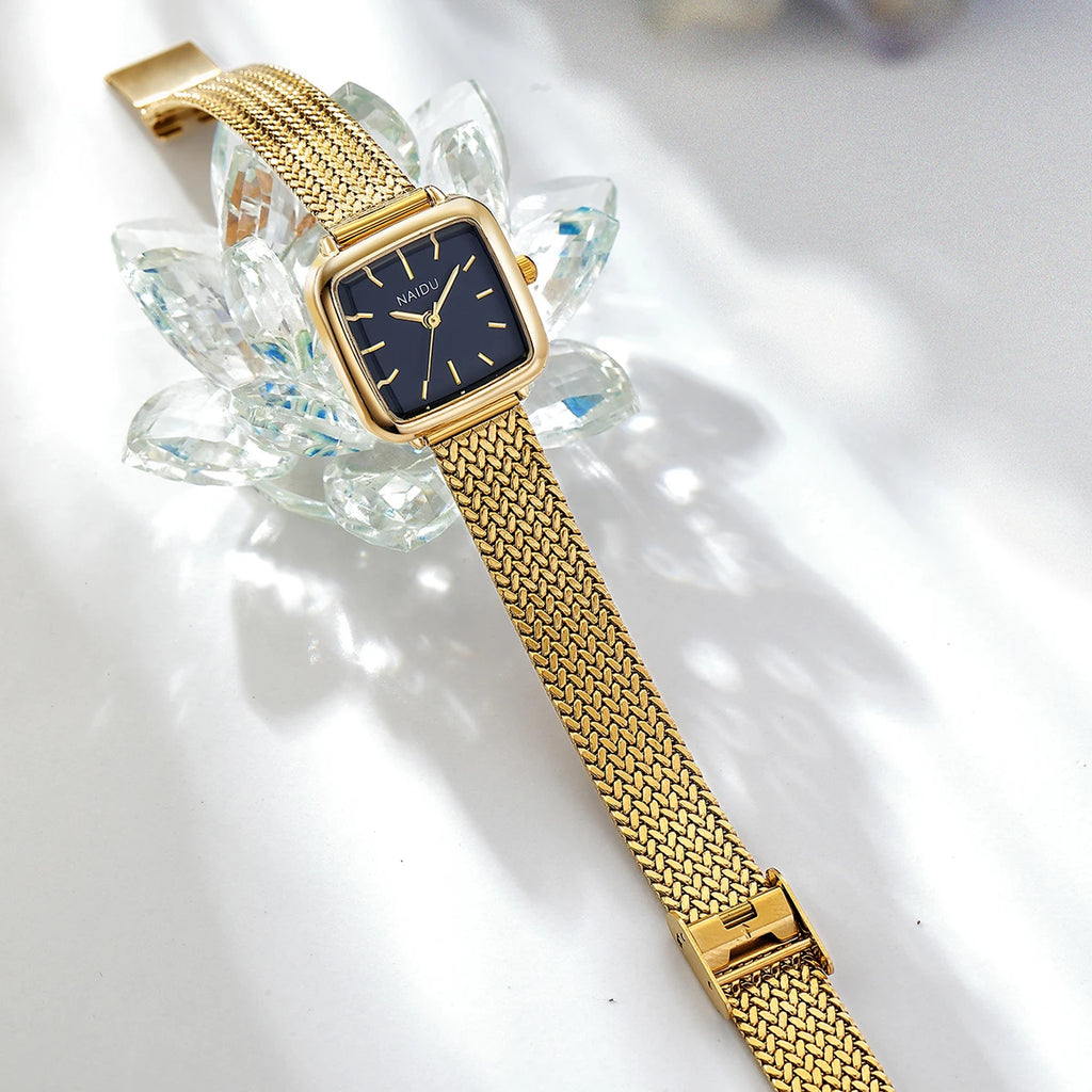 Women's Retro Small Square Quartz Watch – Steel Strap Women's Quartz Watch Nixie