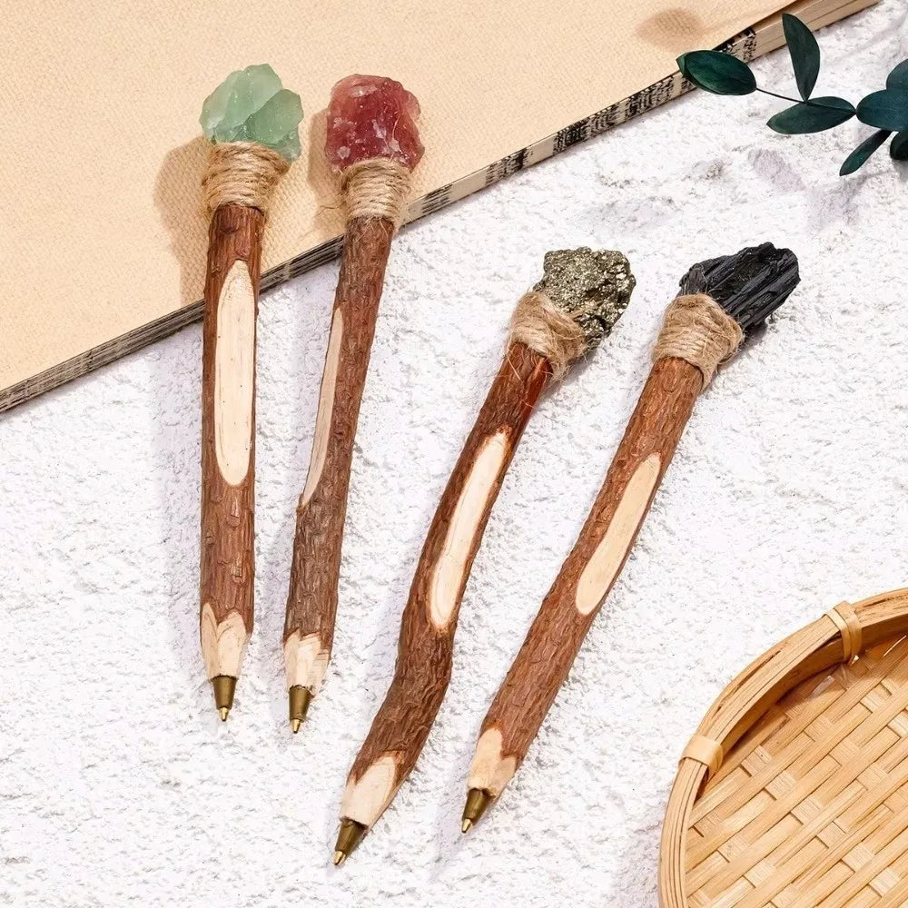 Handmade Natural Crystal Ballpoint Pen – Wooden Wand Writing Pen Crystal Wand Pen Nixie