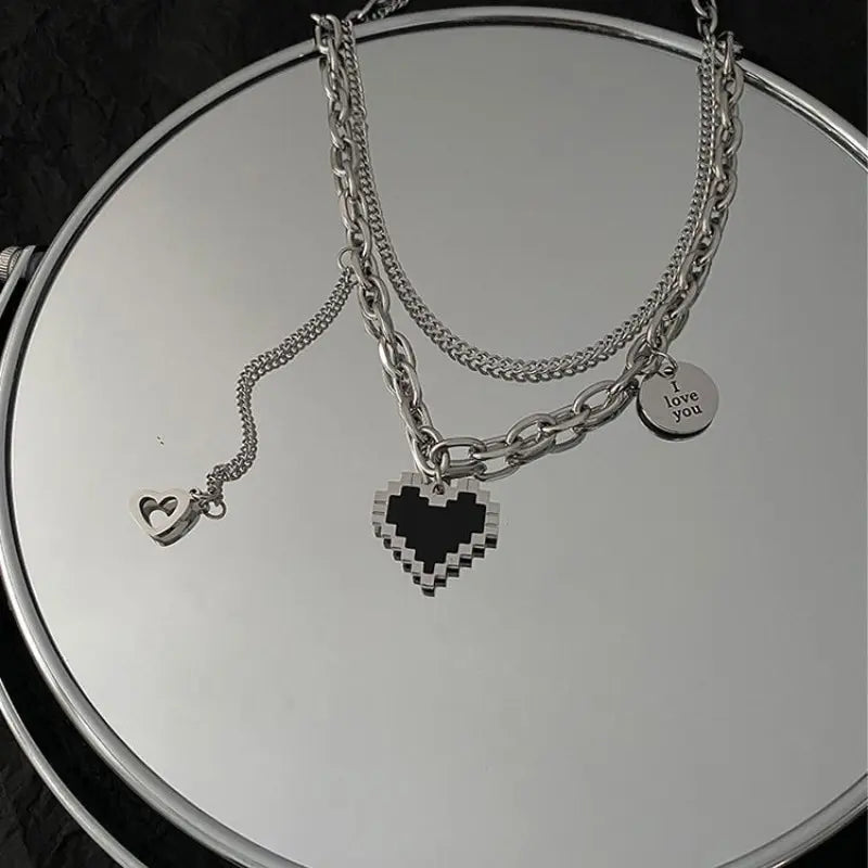 2PCS Hip Hop Gold Plated Mosaic Heart Pendant Necklace Set Pendant Necklace Set Nixie