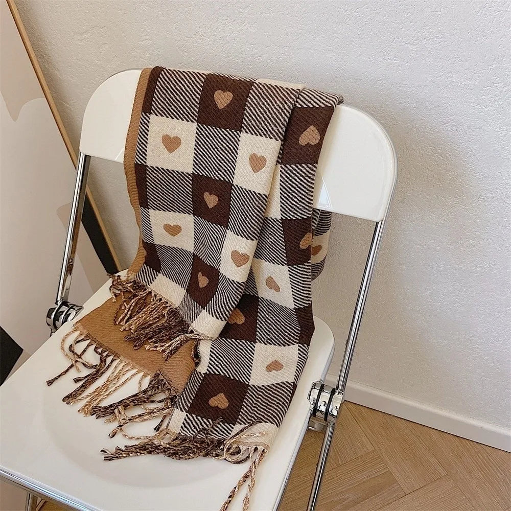 Women's Love Heart Plaid Tassel Scarf – Imitation Cashmere Women's Scarf Shawl Nixie