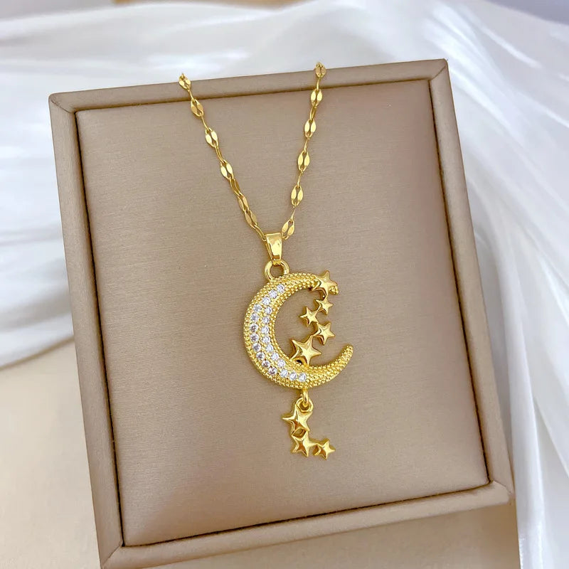 Star Moon Pendant Necklace | Gold Stainless Steel Choker
