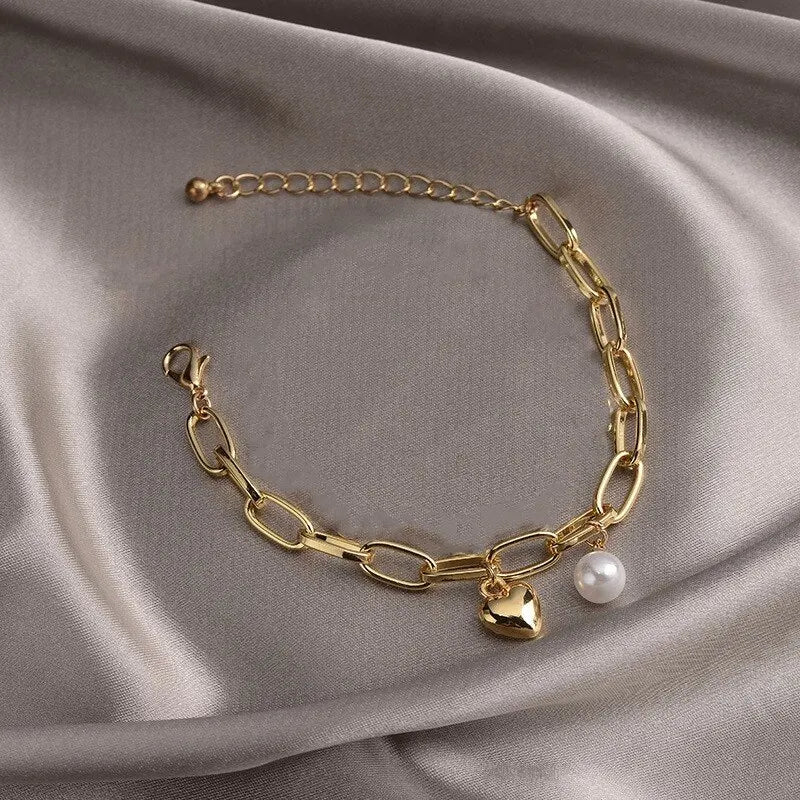 Gold Cross Chain Bracelet with Pearl Pendant – Unisex