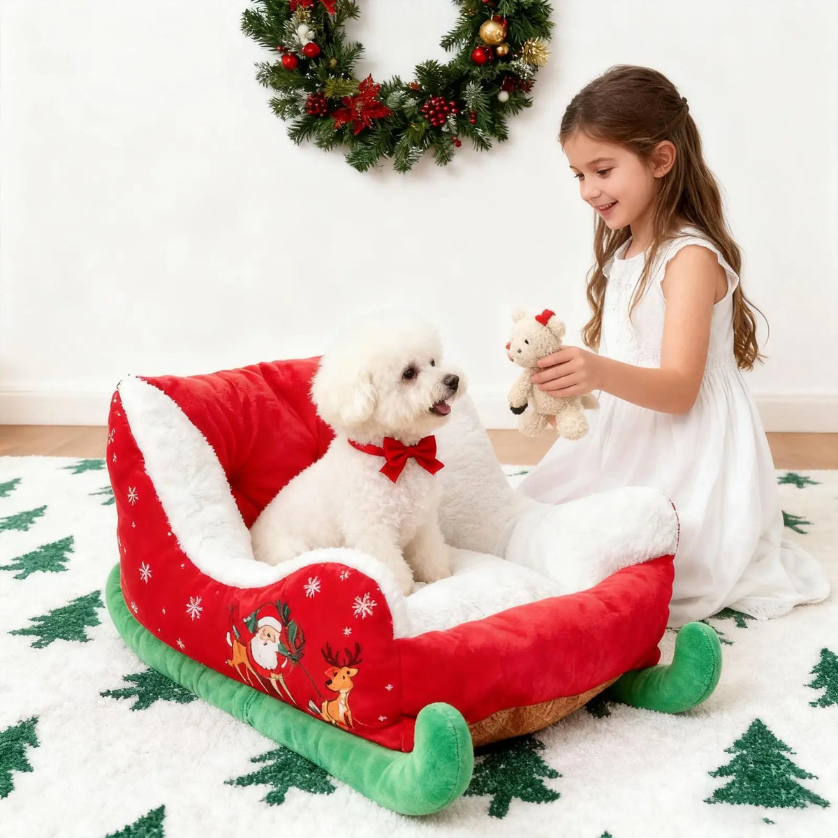 Christmas Sled Dog & Cat Bed – Festive Washable Pet Sofa Holiday Pet Bed Nixie