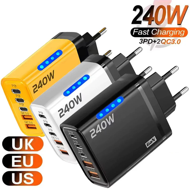 240W 5-Port USB-C PD Fast Charger – 3 Type-C & 2 USB-A Multi-Port Fast Charger Nixie