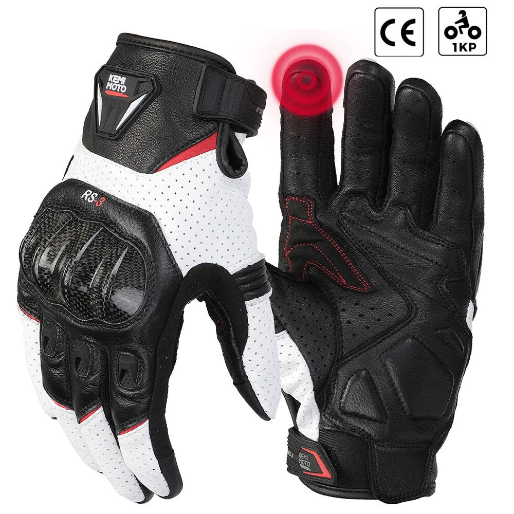 KEMITOUR Men's CE Leather Motorcycle Gloves | Carbon Touch Screen Motorcycle Gloves Nixie WHITE XXL