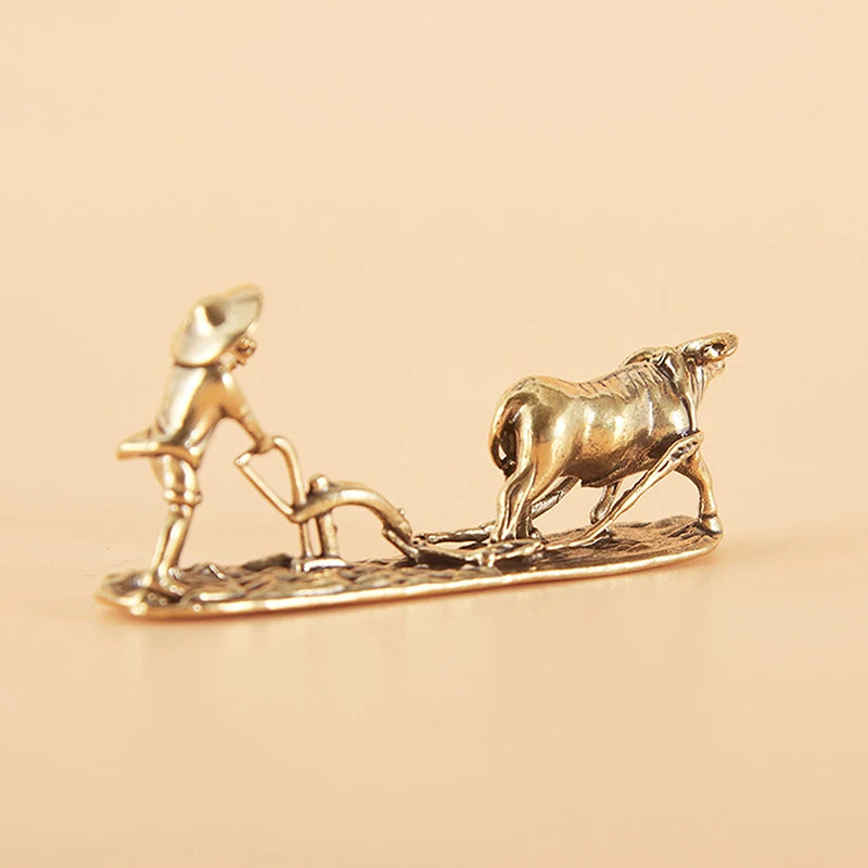 Antique Brass Tea Pet Figurine – Farmer & Cow Collectible Brass Figurine Nixie
