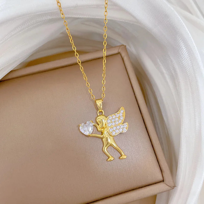 Cupid Pendant Necklace Women | Gold Stainless Steel Chain Pendant Necklace Nixie