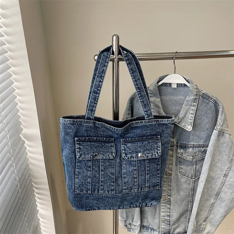 Vintage Denim Tote Bag – Large Women's Shoulder & Commuter Bag Denim Tote Bag Nixie