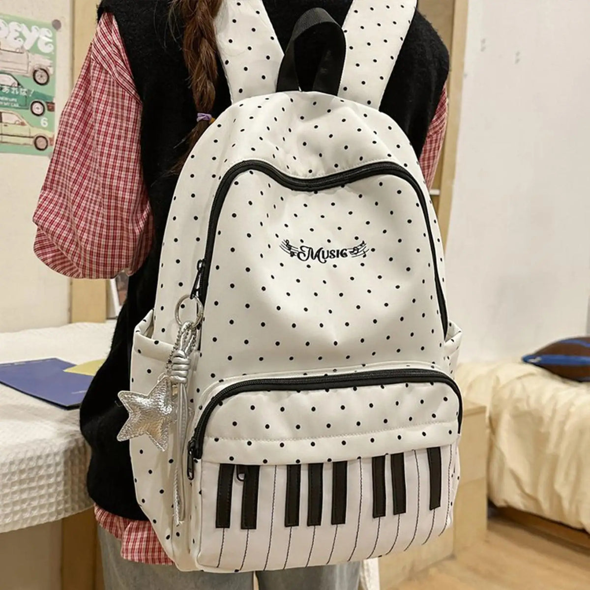 Nylon Piano Print Color-Block Travel Backpack – Large Capacity Fashion Backpack Nixie