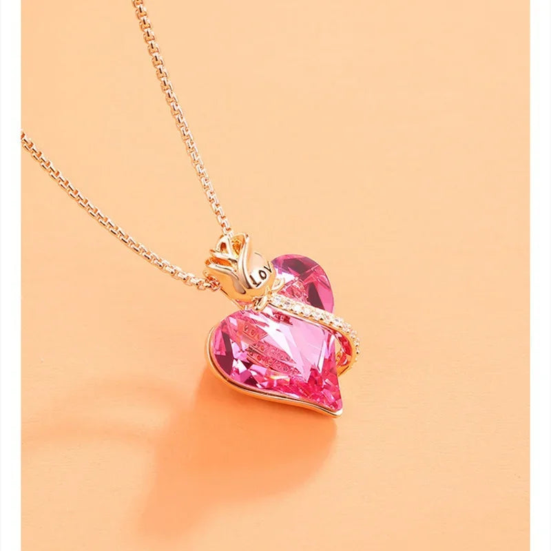 Pink Crystal Heart Pendant Necklace | Rose Flower Gift for Women Pendant Necklace Nixie