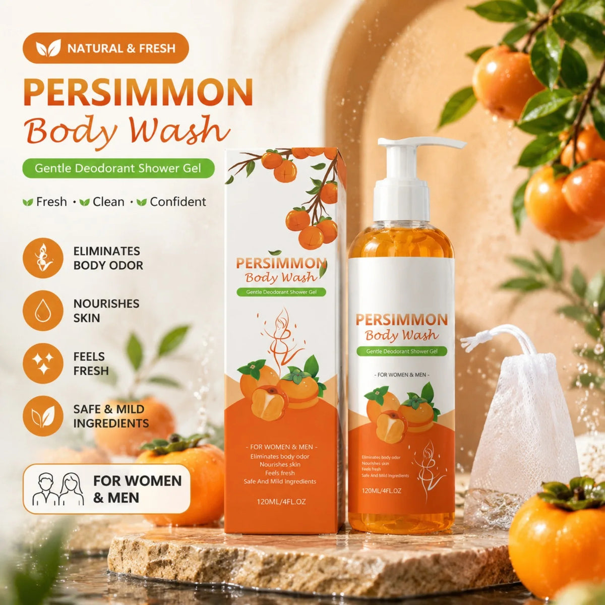 OceAura Persimmon Shower Gel & Foam Net – Unisex Body Wash Body Wash Set Nixie