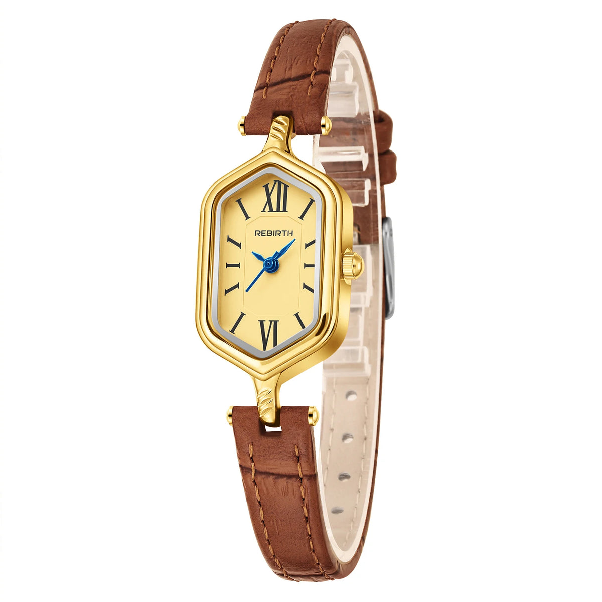 REBIRTH Women's Retro Gold Quartz Watch – Barrel Dial & Leather Strap Women's Quartz Watch Nixie