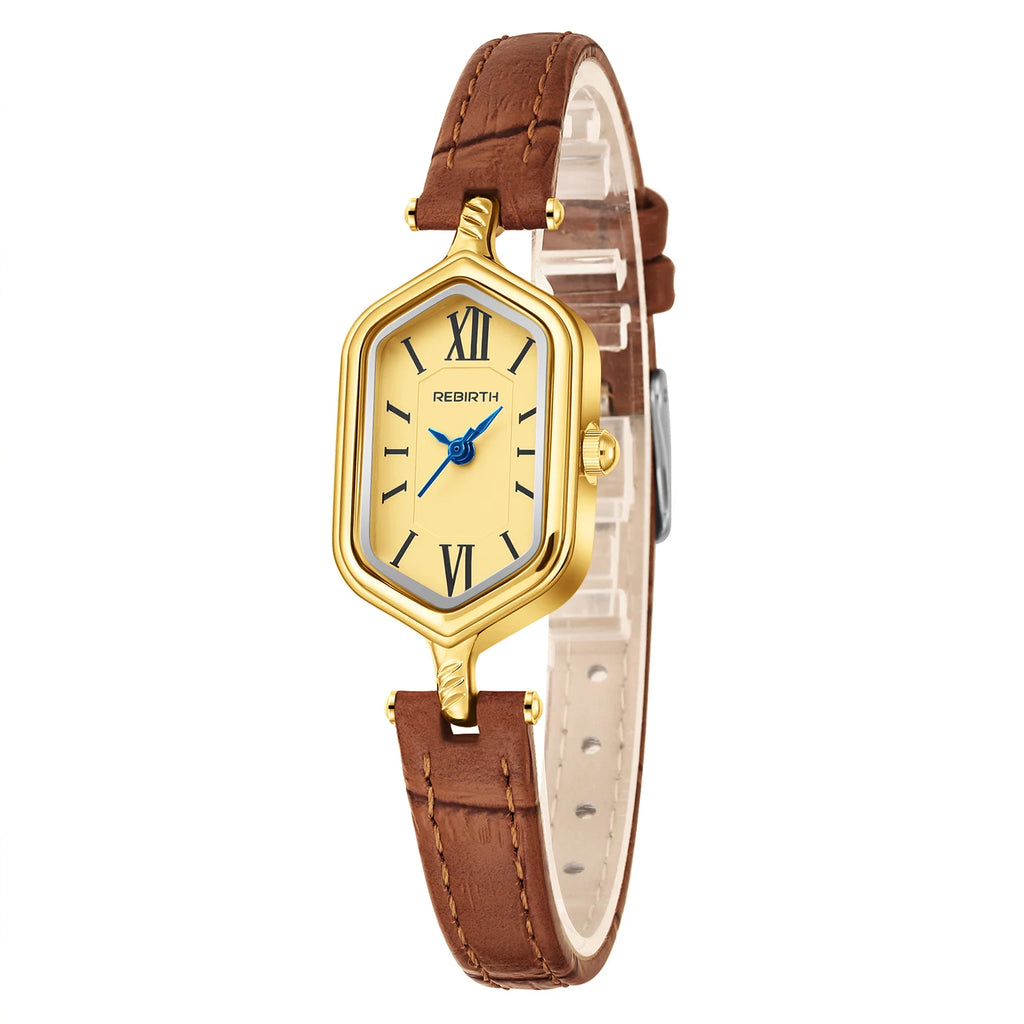 REBIRTH Retro Gold Women's Quartz Watch – Hexagonal Leather Strap Women's Quartz Watch Nixie