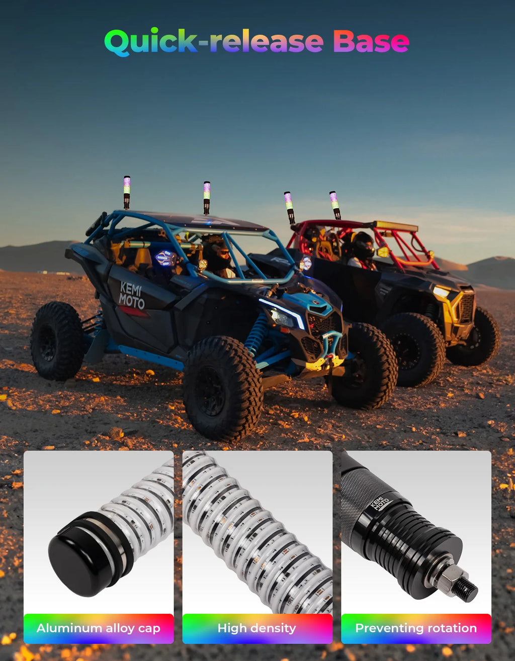 KEMIMOTO RGB COB Fat Whip Lights | UTV ATV Turn Signal IP67 LED Whip Lights Nixie