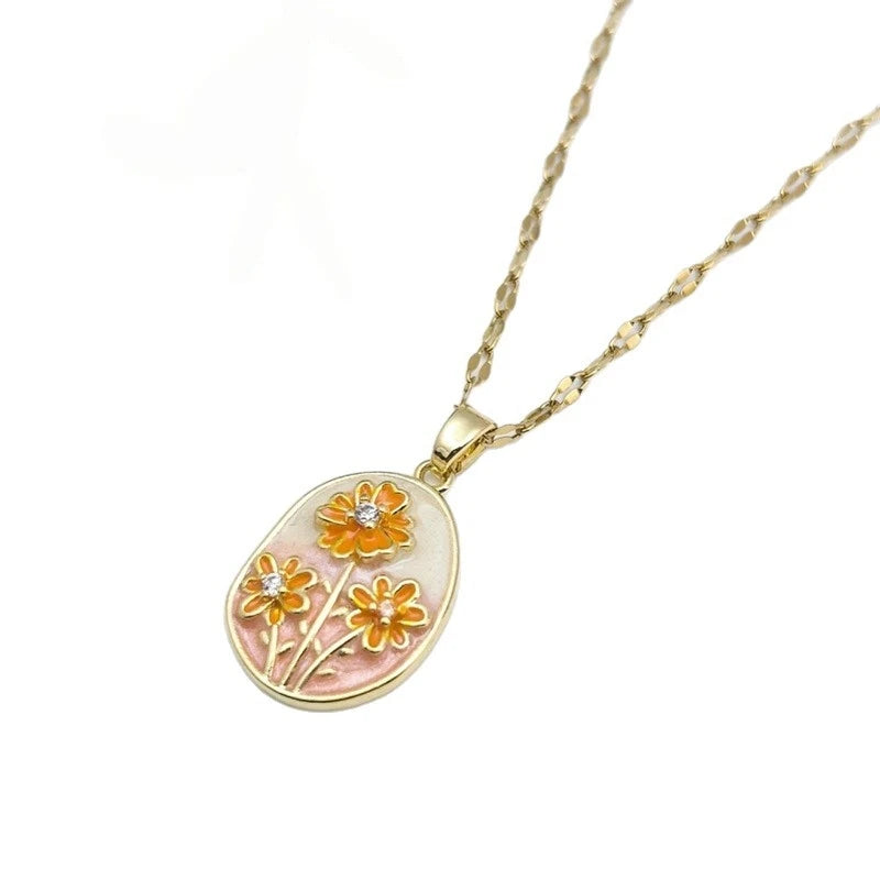 Vintage Copper Floral Pendant Necklace | Gold-Plated Zircon Pendant Necklace Nixie
