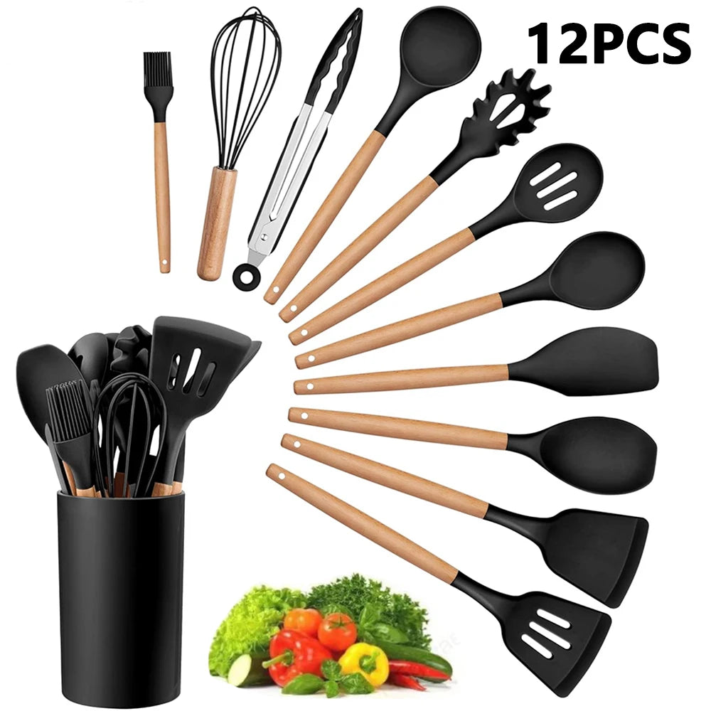 12-Piece Silicone Kitchen Utensil Set – Wooden Handles Kitchen Utensil Set Nixie