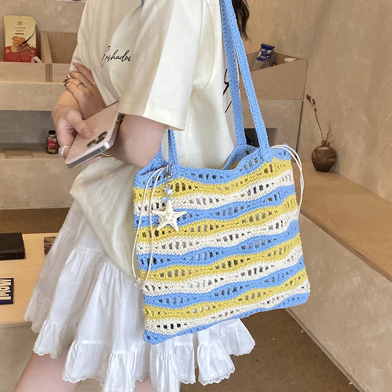 Women's Large Crochet Tote – Two-Tone Striped Shoulder Bag Crochet Tote Bag Nixie