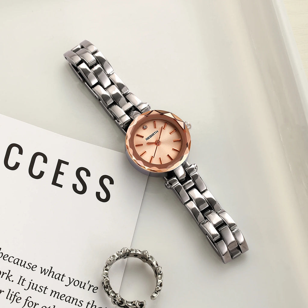REBIRTH Minimalist Round Quartz Watch – Stainless Steel Strap Quartz Wristwatch Nixie