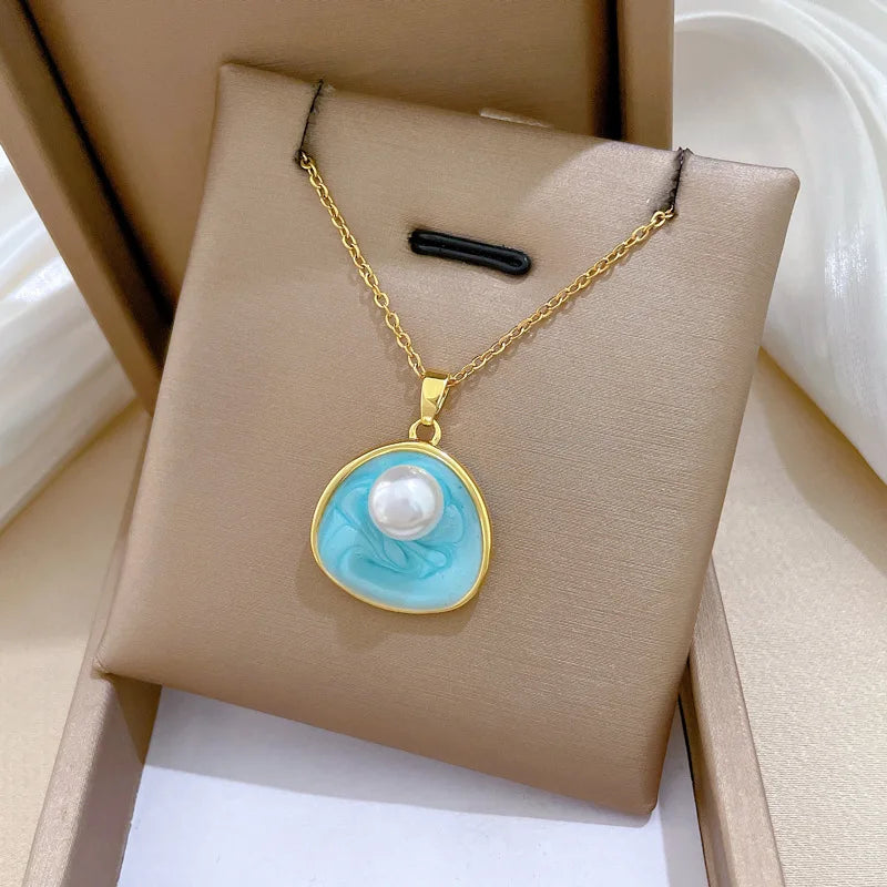 Imitation Pearl Blue Pendant Necklace – Gold-Plated Steel Pendant Necklace Nixie