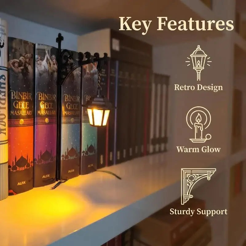 Vintage Metal Bookend Lantern with Warm LED Night Light