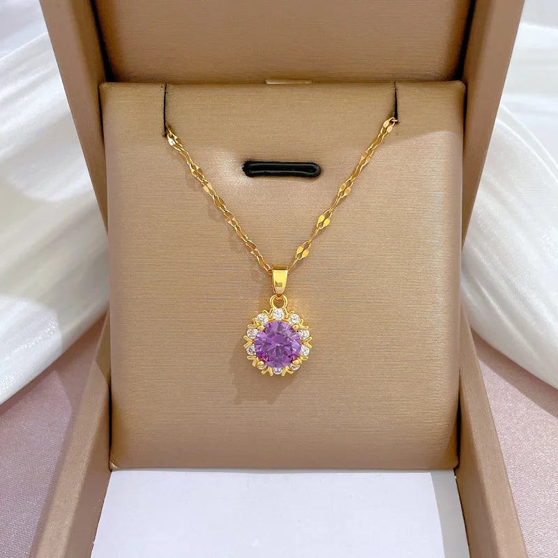Geometric Micro-Paved Zircon Pendant Necklace | Gold Steel