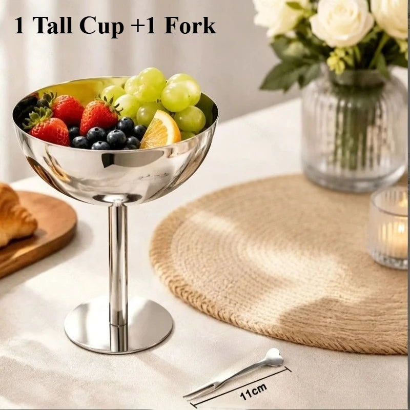 Stainless Steel Goblet Dessert Bowl with Fork – Party Tableware Dessert Bowl Set Nixie 1 Tall Cup 1 Fork